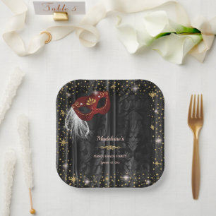 Ruby Red Masquerade Zwarte Damast Gouden Sterren Papieren Bordje
