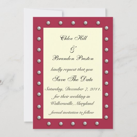 Ruby Red, Off White en Pearls Save the Date (Voorkant)