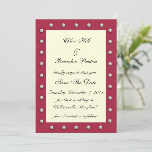 Ruby Red, Off White en Pearls Save the Date (Staand voorkant)