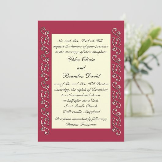 Ruby Red, Off White en Pearls Wedding Invitation Kaart (Staand voorkant)