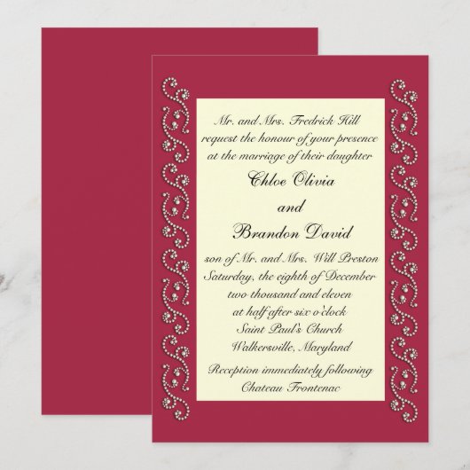 Ruby Red, Off White en Pearls Wedding Invitation Kaart (Voorkant / Achterkant)