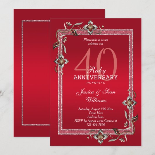 Ruby Red Pareltjes & Glitter Ruby 40th Wedding Kaart (Voorkant / Achterkant)