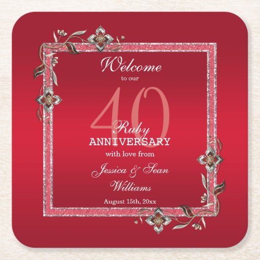 Ruby Red Pareltjes & Glitter Ruby 40th Wedding Kartonnen Onderzetters (Voorkant)
