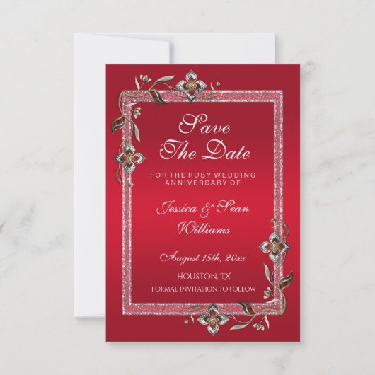Ruby Red Pareltjes & Glitter Ruby 40th Wedding Save The Date (Voorkant)