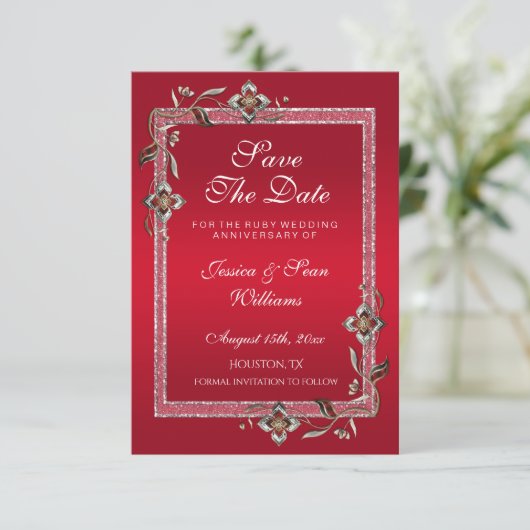 Ruby Red Pareltjes & Glitter Ruby 40th Wedding Save The Date (Staand voorkant)