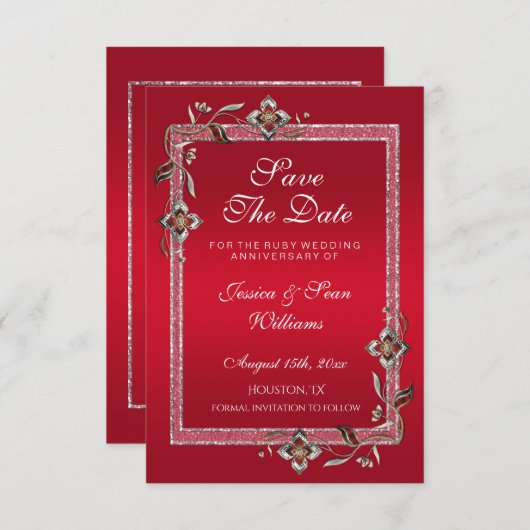 Ruby Red Pareltjes & Glitter Ruby 40th Wedding Save The Date (Voorkant / Achterkant)
