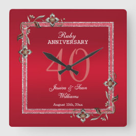 Ruby Red Pareltjes & Glitter Ruby 40th Wedding Vierkante Klok