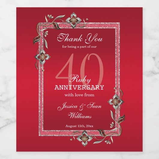 Ruby Red Pareltjes & Glitter Ruby 40th Wedding Wijn Etiket (Enkel label)