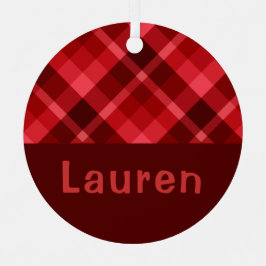 Ruby Red Plaid Monogram Circle Metal Ornament
