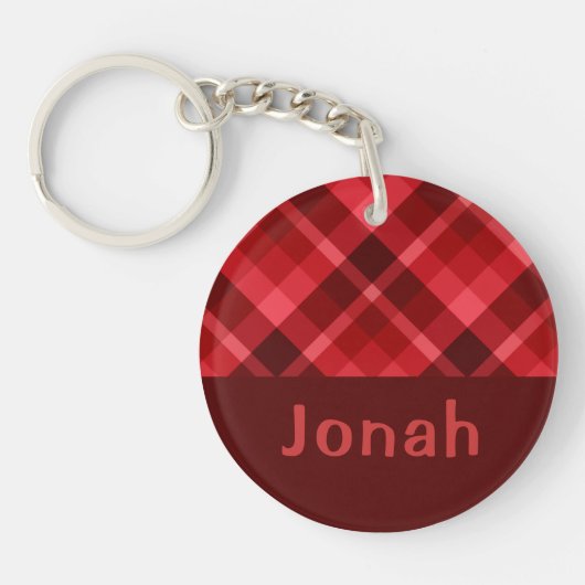  Ruby Red Plaid Monogram Circle Sleutelhanger (Voorkant)