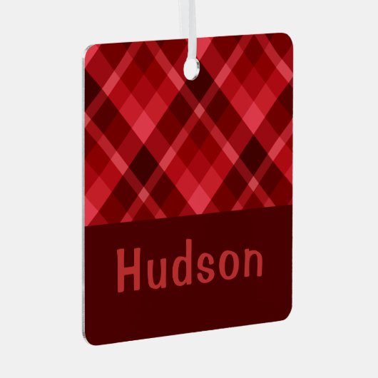 Ruby Red Plaid Monogram Square Metal Ornament (Voorkant Rechts)