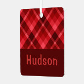 Ruby Red Plaid Monogram Square Metal Ornament (Voorkant links)
