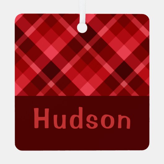 Ruby Red Plaid Monogram Square Metal Ornament (Achterkant)