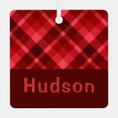 Ruby Red Plaid Monogram Square Metal Ornament (Voorkant)