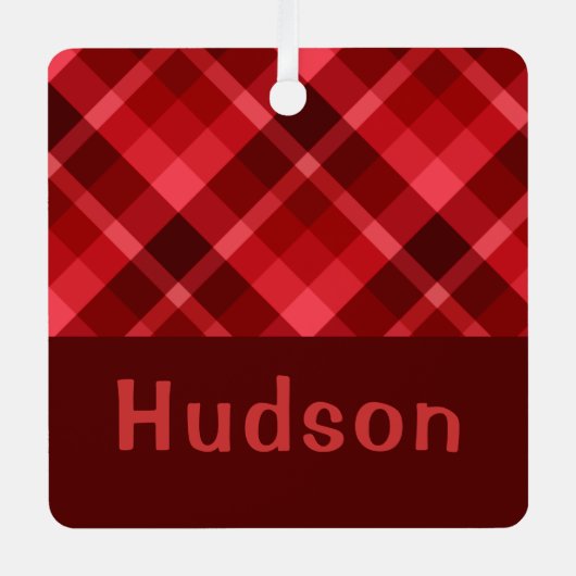 Ruby Red Plaid Monogram Square Metal Ornament (Voorkant)