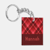  Ruby Red Plaid Monogram Vierkante Sleutelhanger (Voorkant Links)