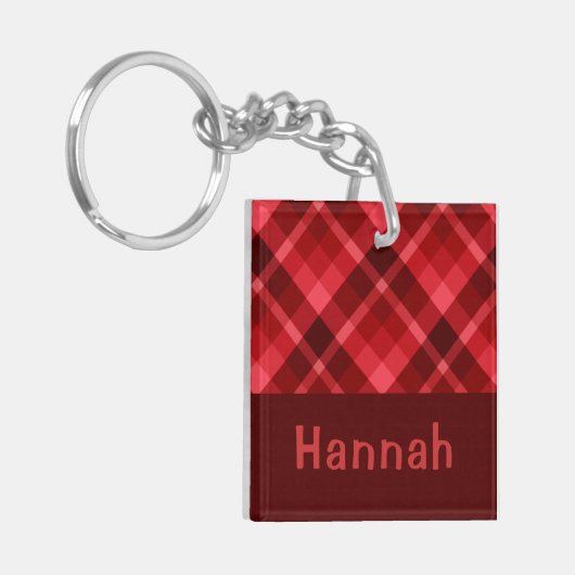  Ruby Red Plaid Monogram Vierkante Sleutelhanger (Voorkant Links)
