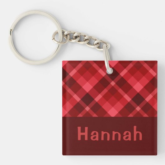  Ruby Red Plaid Monogram Vierkante Sleutelhanger (Voorkant)