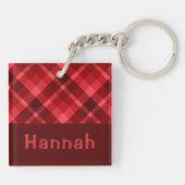  Ruby Red Plaid Monogram Vierkante Sleutelhanger (Achterkant)