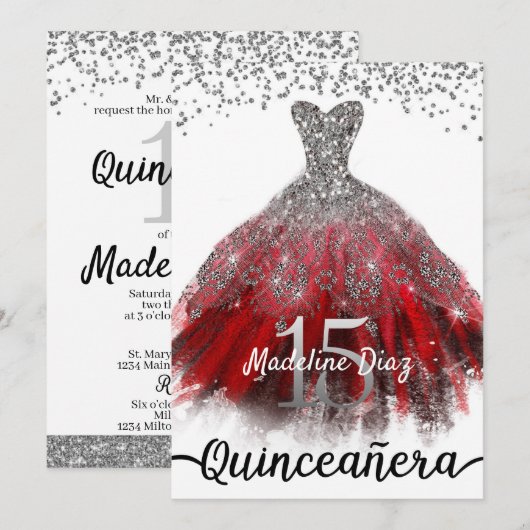 Ruby Red Quinceañera Dress Birthday Uitnodiging (Voorkant / Achterkant)