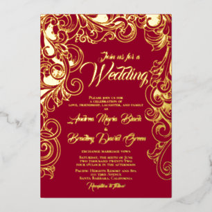 Ruby Red Real Gold Foil Abstracte Floral Folie Uitnodiging