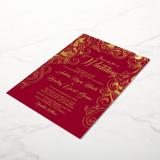 Ruby Red Real Gold Foil Abstracte Floral Folie Uitnodiging (Gedraaid)
