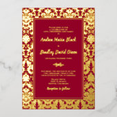 Ruby Red Real Gold Foil Damask Wedding Folie Uitnodiging (Voorkant)