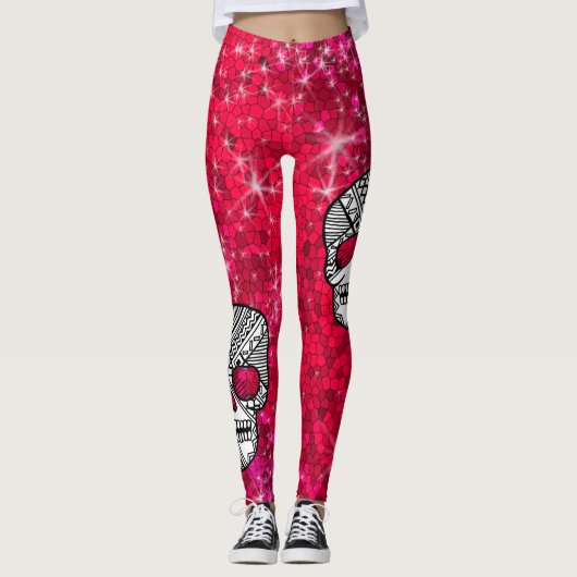 Ruby Red Rhinestone Glitter Sequin Sugar Skulls Leggings (Voorkant)
