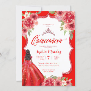 Ruby Red Rose Floral Waterverf Quinceañera Kaart
