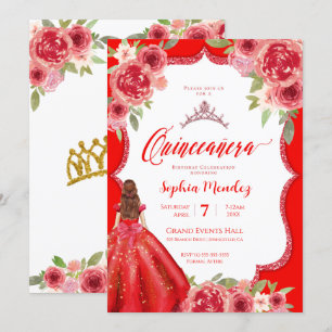 Ruby Red Rose Floral Waterverf Quinceanera Kaart