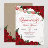 Ruby Red Rose & Gold Papel Picado Quinceañera Kaart (Voorkant / Achterkant)