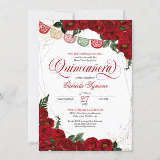 Ruby Red Rose & Gold Papel Picado Quinceañera Kaart