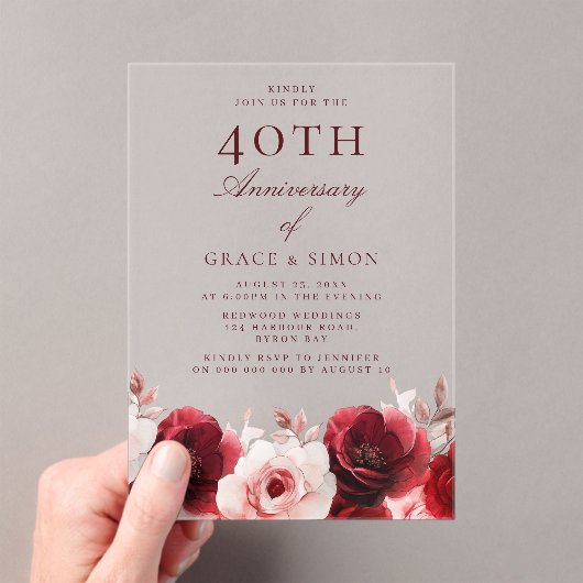 Ruby Red Roses 40ste bruiloft Jubileum Acryl Uitnodigingen (Insitu (Draagbaar))