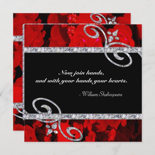 Ruby Red Roses & Diamond Swirls Wedding Kaart (Voorkant / Achterkant)