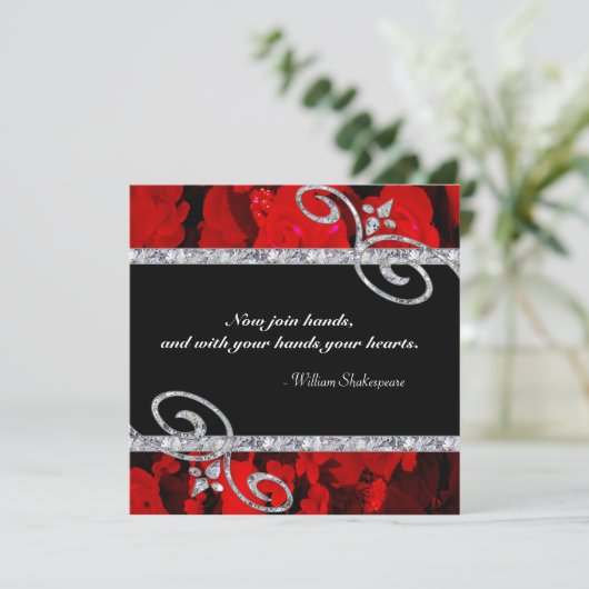 Ruby Red Roses & Diamond Swirls Wedding Kaart (Staand voorkant)