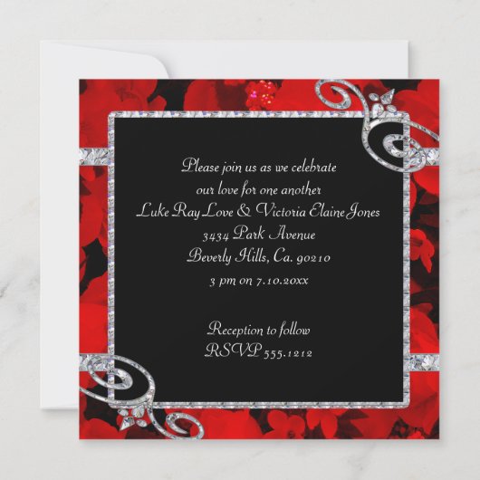 Ruby Red Roses & Diamond Swirls Wedding Kaart (Achterkant)