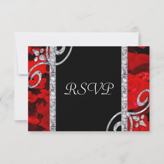 Ruby Red Roses & Diamond Swirls Wedding RSVP Kaartje (Voorkant)