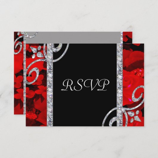 Ruby Red Roses & Diamond Swirls Wedding RSVP Kaartje (Voorkant / Achterkant)