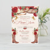 Ruby Red Roses Elegant Western Charro Quinceañera Kaart (Staand voorkant)