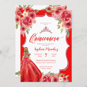 Ruby Red Roses Floral Waterverf Quinceañera Kaart