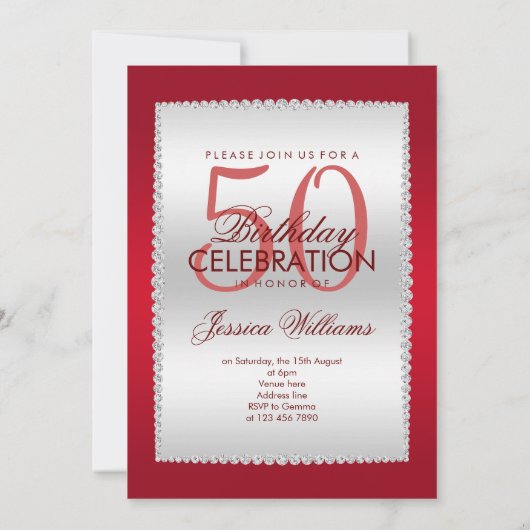 Ruby Red, Silver & Pareltjes Verjaardag Kaart (Achterkant)