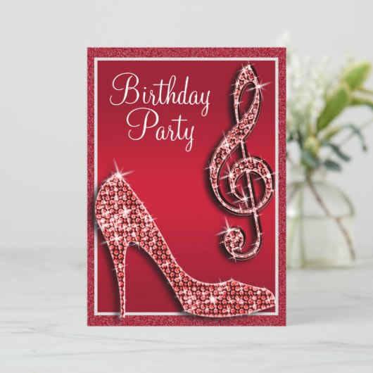 Ruby Red Stiletto & Treble Clef Verjaardag Kaart (Staand voorkant)