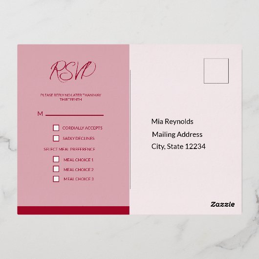 Ruby Red Wedding Folie Invitation RSVP Briefkaart (Achterkant)