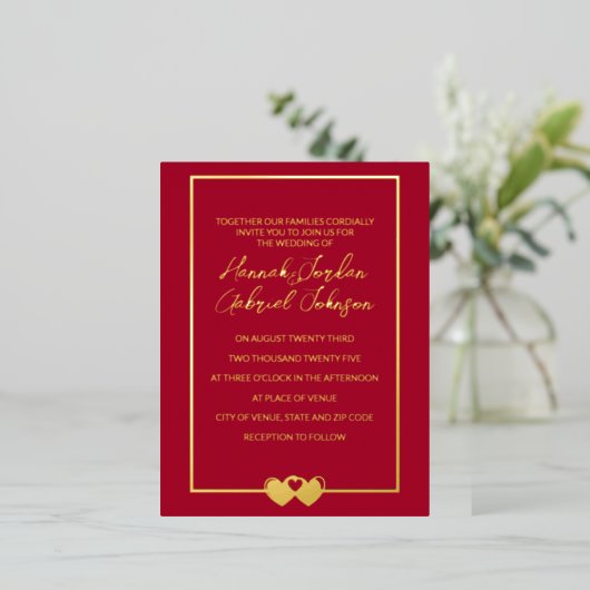 Ruby Red Wedding Folie Invitation RSVP Briefkaart (Staand Voorkant)