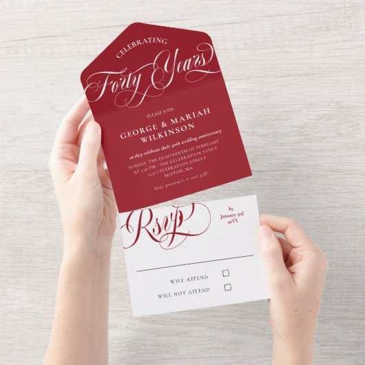 Ruby Red White 40e huwelijksjubileum All In One Uitnodiging (Afscheurbaar)
