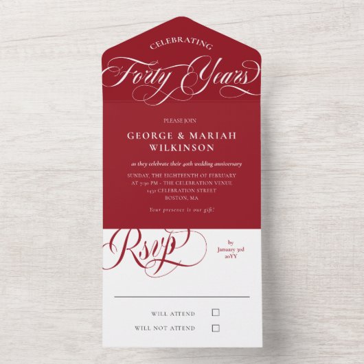 Ruby Red White 40e trouwjubileum All In One Uitnodiging (Binnen)