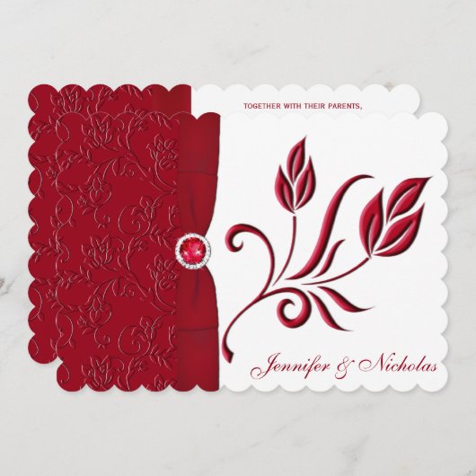 Ruby Red & White Floral Wedding Invitation Kaart (Voorkant / Achterkant)