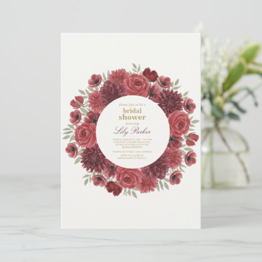 Ruby Red Wild Roos Bridal Shower Uitnodiging (Staand voorkant)