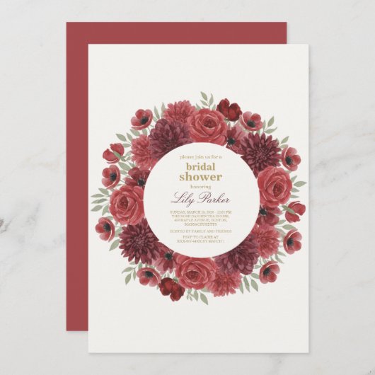 Ruby Red Wild Roos Bridal Shower Uitnodiging (Voorkant / Achterkant)