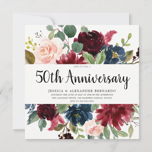 Ruby Red Wine Flowers 50th Wedding Jubileum Kaart (Voorkant)